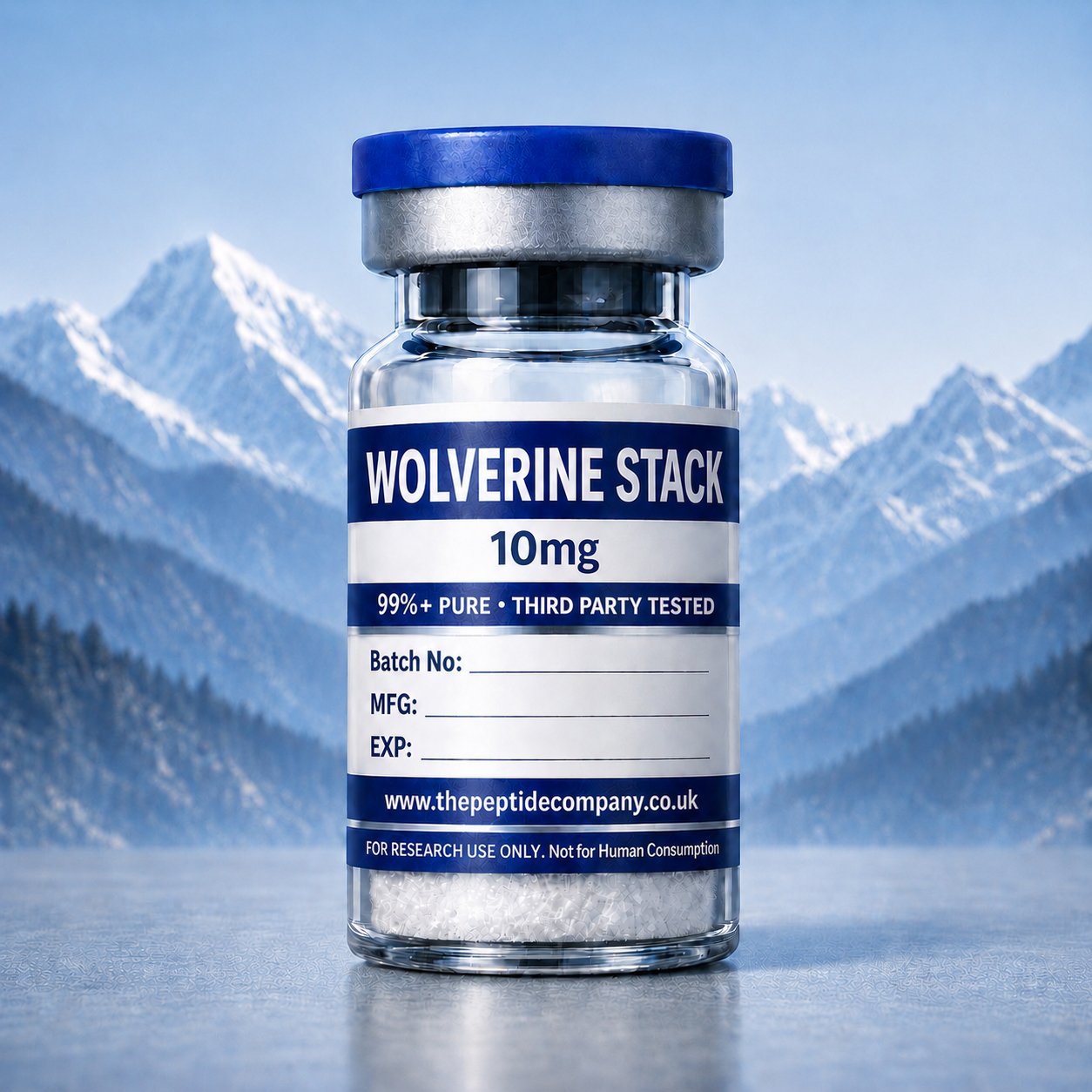 Wolverine Stack 10mg peptide vial by The Peptide Company, featuring 99%+ purity and third-party testing, displayed with a mountain backdrop